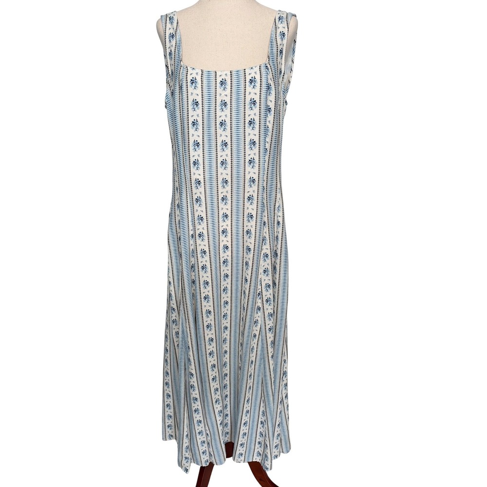 Laura Ashley Floral Stripe Linen Blend Dress Blue Smocked Back 8 Cottage Prairie